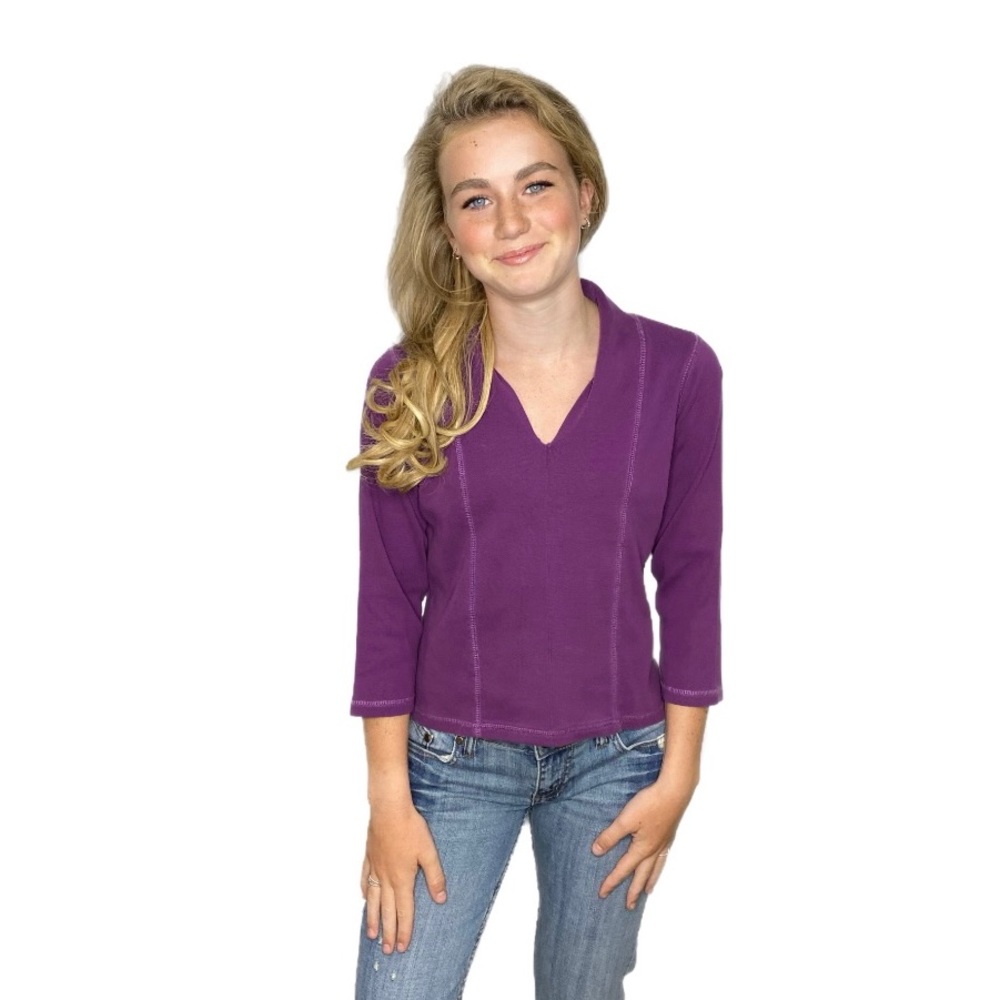 RAFAELLA Purple Cotton 3/4 Slv V-Neck Knit Blouse